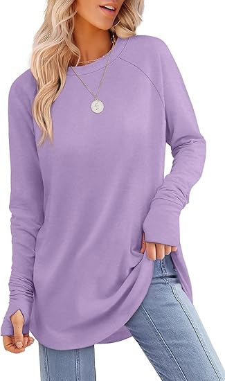 Women's Round Neck Solid Color Refers To Long Sleeved Top Loose Mid Length T-shirt