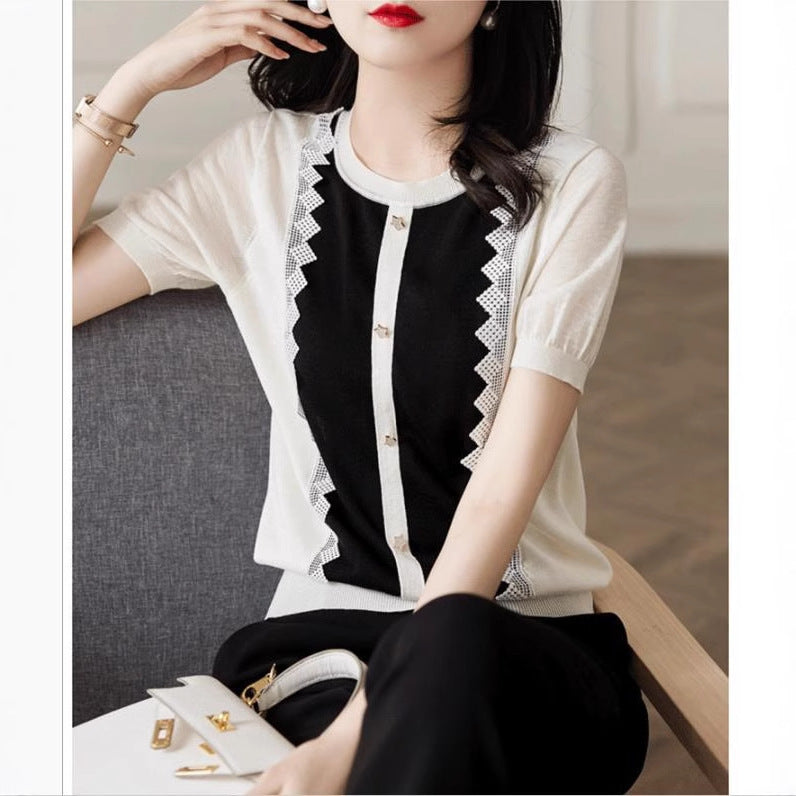 Lace Edge Stitching Button Embellished Knitted Short-sleeved Shirt For Women