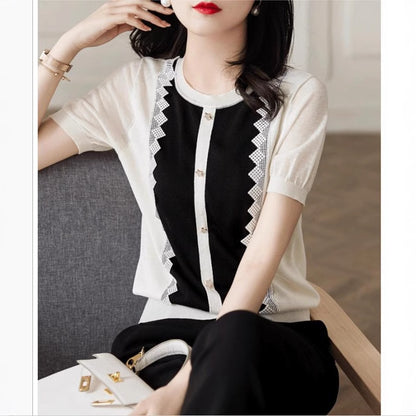 Lace Edge Stitching Button Embellished Knitted Short-sleeved Shirt For Women
