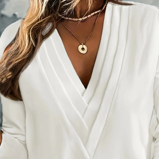 Solid V-Neck Blouse Long Sleeve