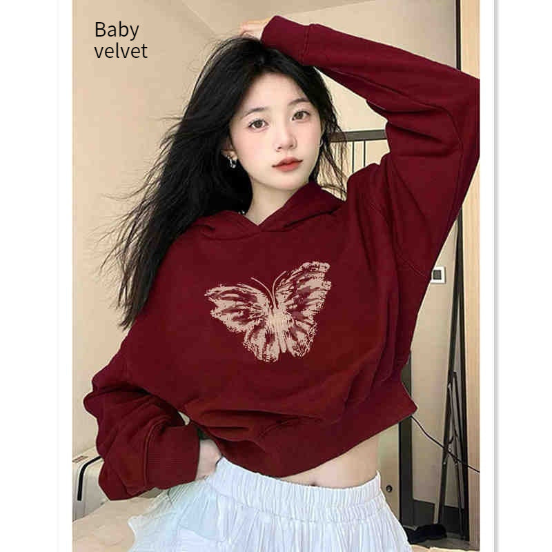American Short Hood Wine Red Bow Sweater For Women
