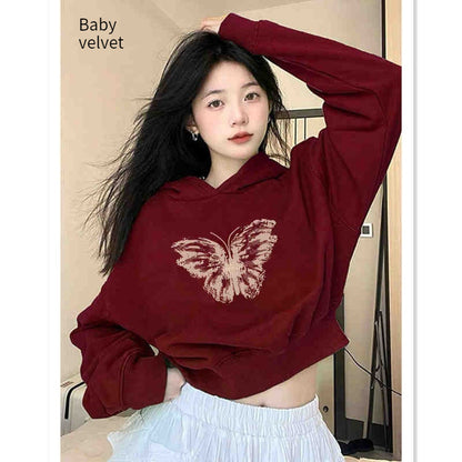 American Short Hood Wine Red Bow Sweater For Women
