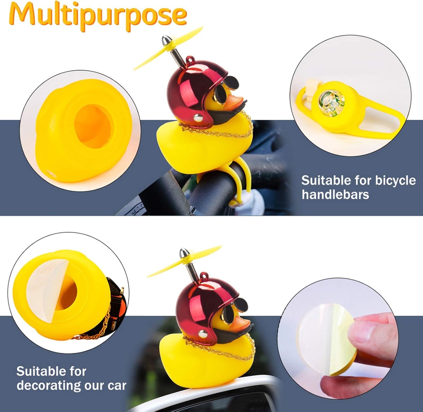 Rubber Duck Car Ornaments, 2Pcs Yellow Duck Car Dashboard Decorations Squeeze Duck Bicycle Horns with Propeller Helmet