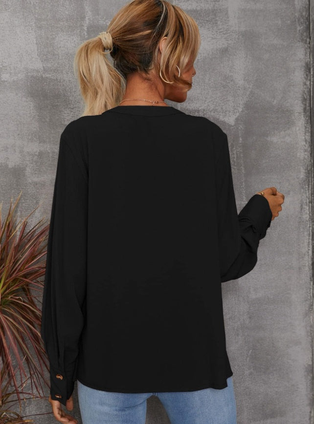 Solid Notched Buttoned Cuff Blouse,Long Sleeve Tops