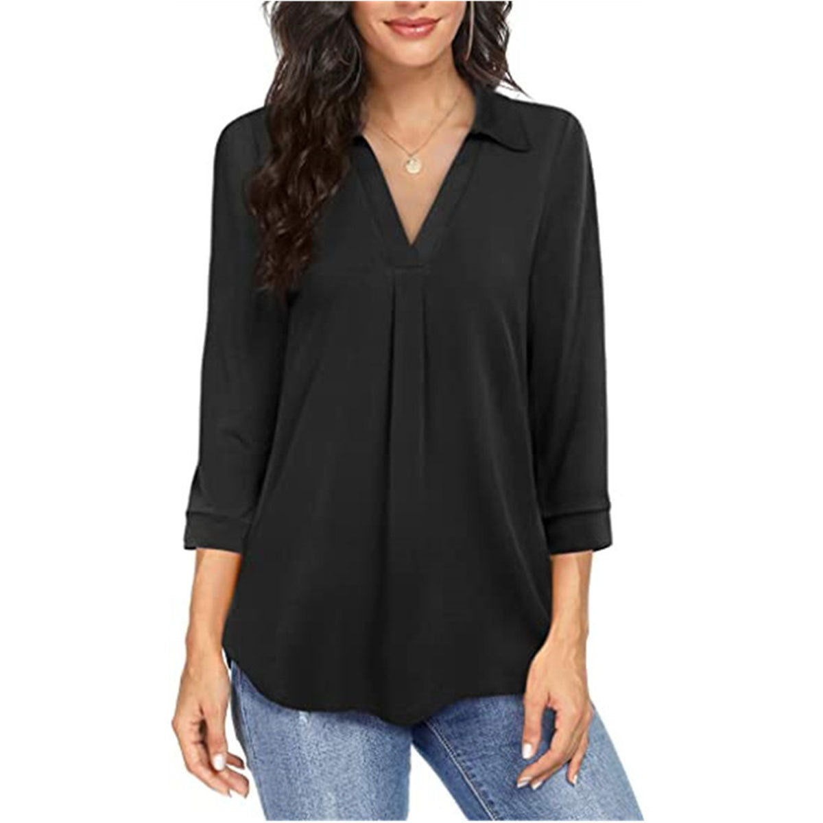 Ladies' Solid Color V-neck Seven Quarter Sleeved Shirt Top With Elegant Chiffon Stitching