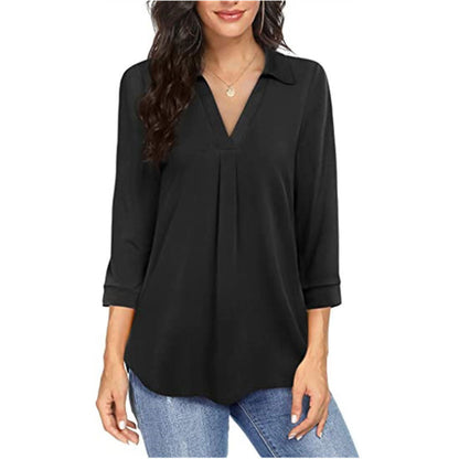 Ladies' Solid Color V-neck Seven Quarter Sleeved Shirt Top With Elegant Chiffon Stitching