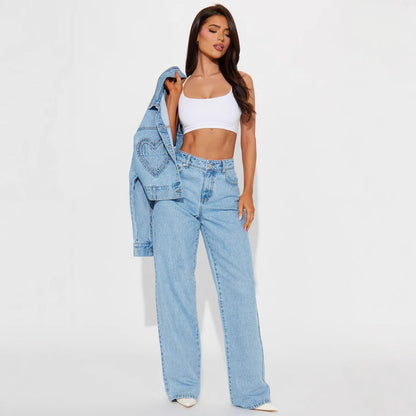 Straight Slimming Trousers Love Pocket High Waist Loose Jeans