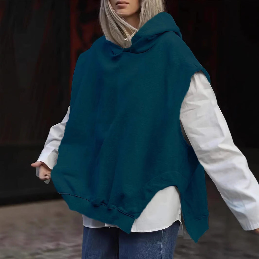 Women's Solid Color Style Loose Sleeveless Hooded Jacket Sweater