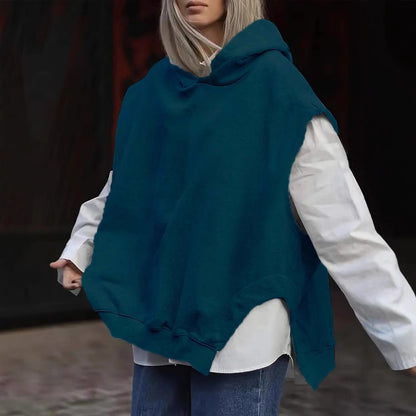 Women's Solid Color Style Loose Sleeveless Hooded Jacket Sweater