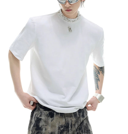 Modal Rhinestone Pearl Collar Stitching Design Short Sleeve