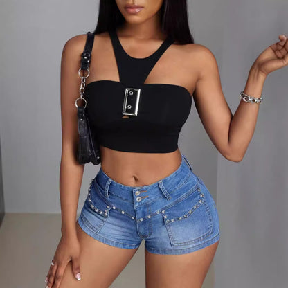 Mid-low Waist Beaded Mid-elastic Denim Shorts