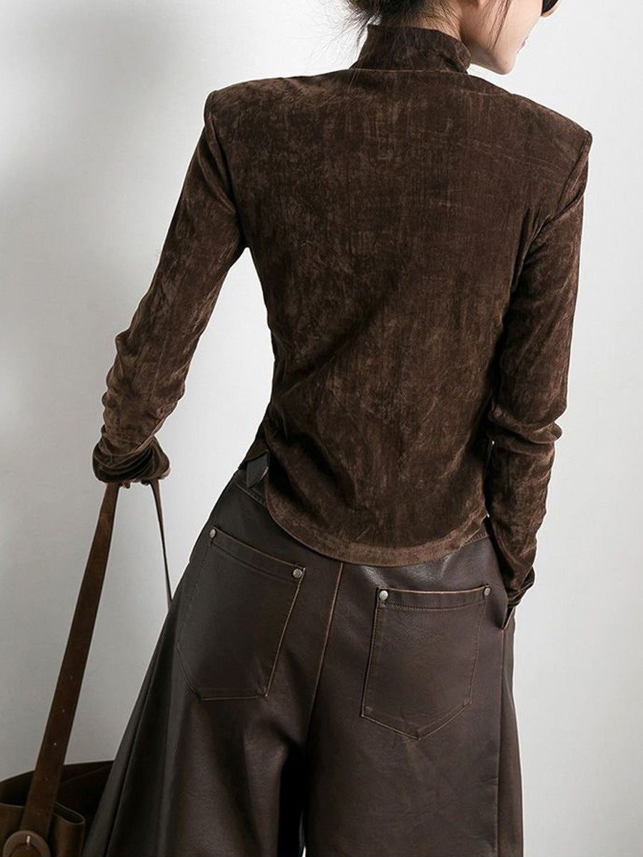 Velvet Half Turtleneck T-shirt Base Shirt Slit Hemline At Hem Solid Color Top