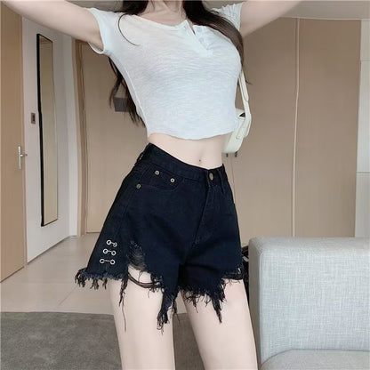 Micro Elastic High Waist Slimming Holes Frayed Vintage Denim Shorts