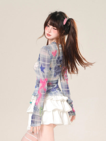 Shoulder Long Sleeve Micro-transparent Plaid T-shirt