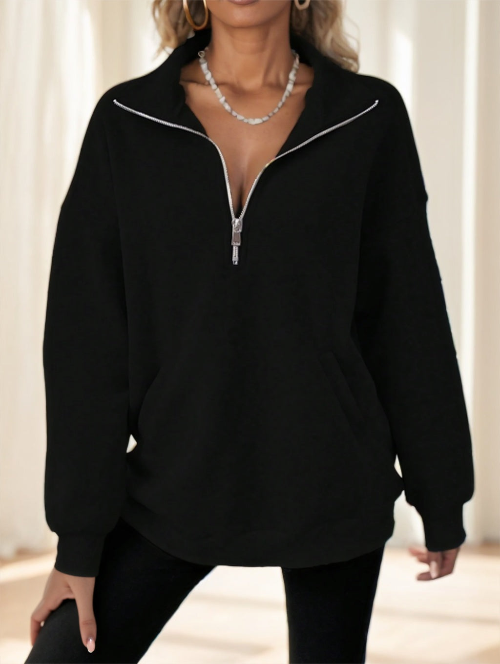 Plus Size Solid Color Casual Half-Zip High Neck Hoodie