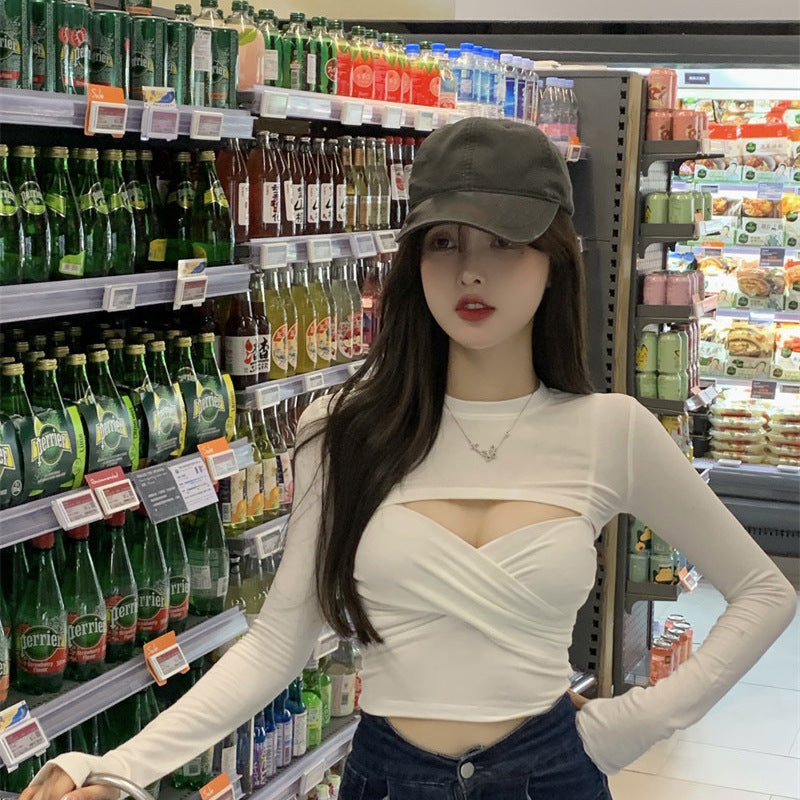 Sexy Pure Desire Style Sling Design Sense Sneaky Design Hot Girl Long Sleeve T-shirt