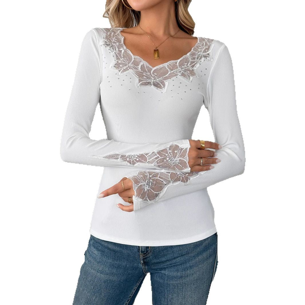 Solid Color Neckline And Cuff Stitching Lace Hot