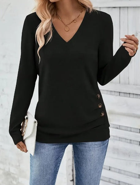 Button Front V Neck Long Sleeve Blouse, Women's Clothing