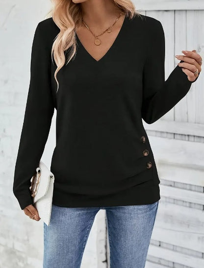 Button Front V Neck Long Sleeve Blouse, Women's Clothing