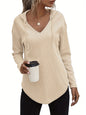 Elegant Beige Hanky Hem V-Neck Hoodie For Women