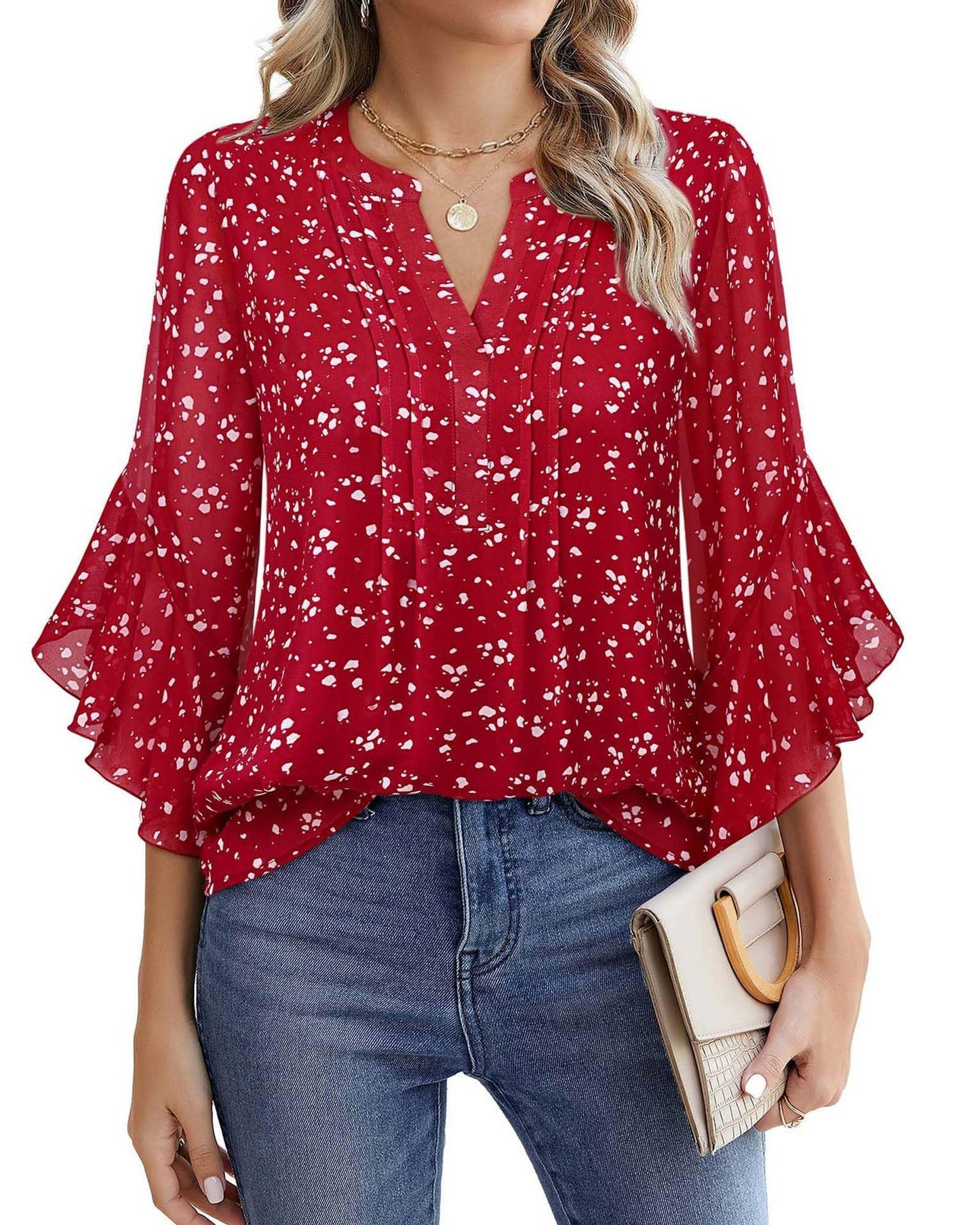 Women's Three-quarters Sleeve Tops Dressy Casual Business Work Blouses Chiffon Office Shirts