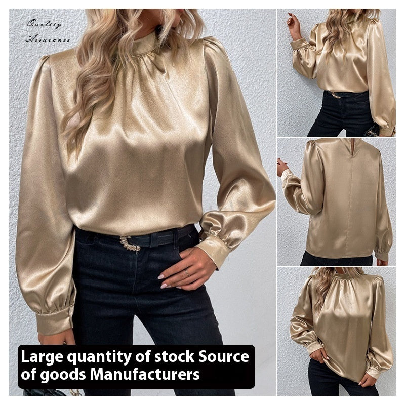Stand-up Collar Puff Sleeve T-shirt Female Satin