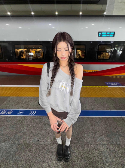 Retro Shoulder Drawstring Letter Printed Crew Neck Sweatshirt Women's Top