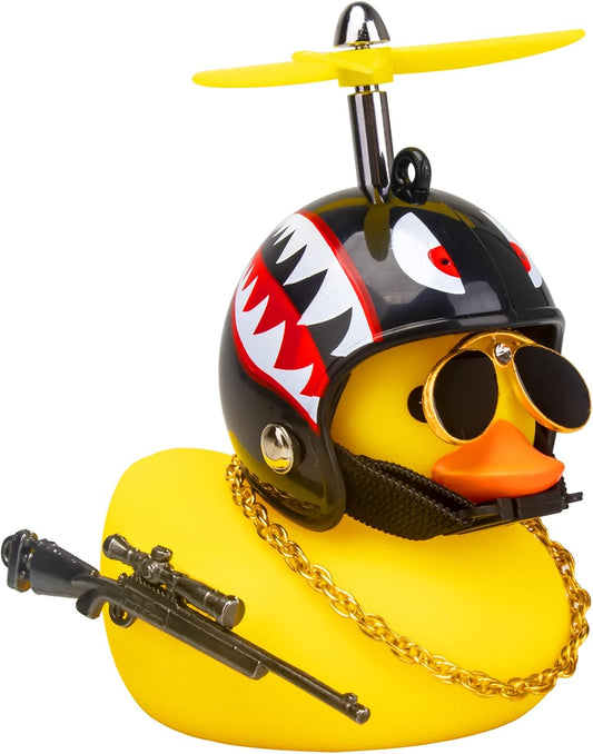 Rubber Yellow Duck Car Ornaments Cool Duck Car Dashboard Decorations with Propeller Helmet Sunglasses (Shark-Yellow G)