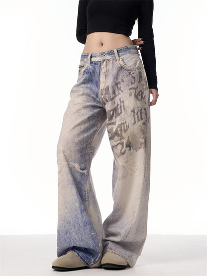 3D Printing Gradient Letter Printed Jeans Long Pants