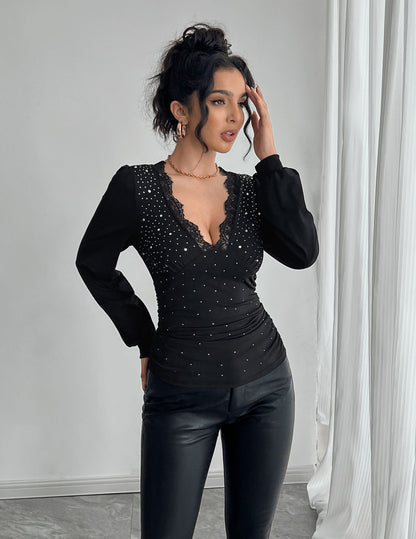 V-neck Lace Stitching Rhinestone Side Pleating T-shirt