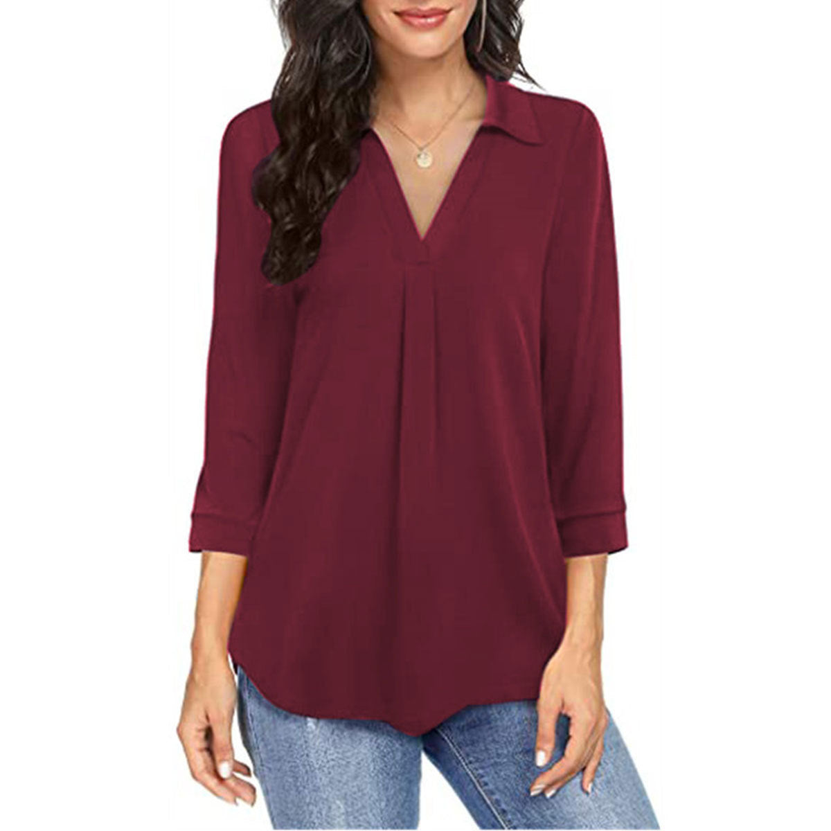 Ladies' Solid Color V-neck Seven Quarter Sleeved Shirt Top With Elegant Chiffon Stitching