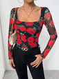 Romantic Rose Flower Mesh Printed Sexy U-neck T-shirt