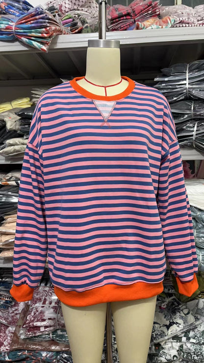 Striped Round Neck Contrast Color Loose Long Sleeve Sweatershirt