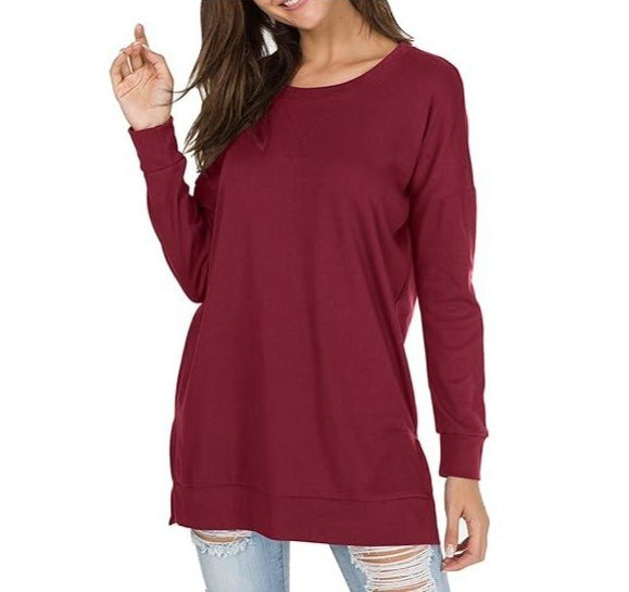 New Versatile Women's Long Sleeved T-shirt Solid Color Round Neck Casual Top