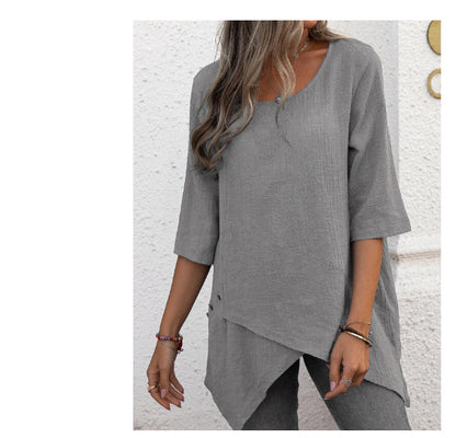 Cotton Linen Round-neck Irregular Shirt Half Sleeve Shirt