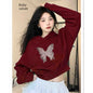 American Short Hood Wine Red Bow Sweater For Women