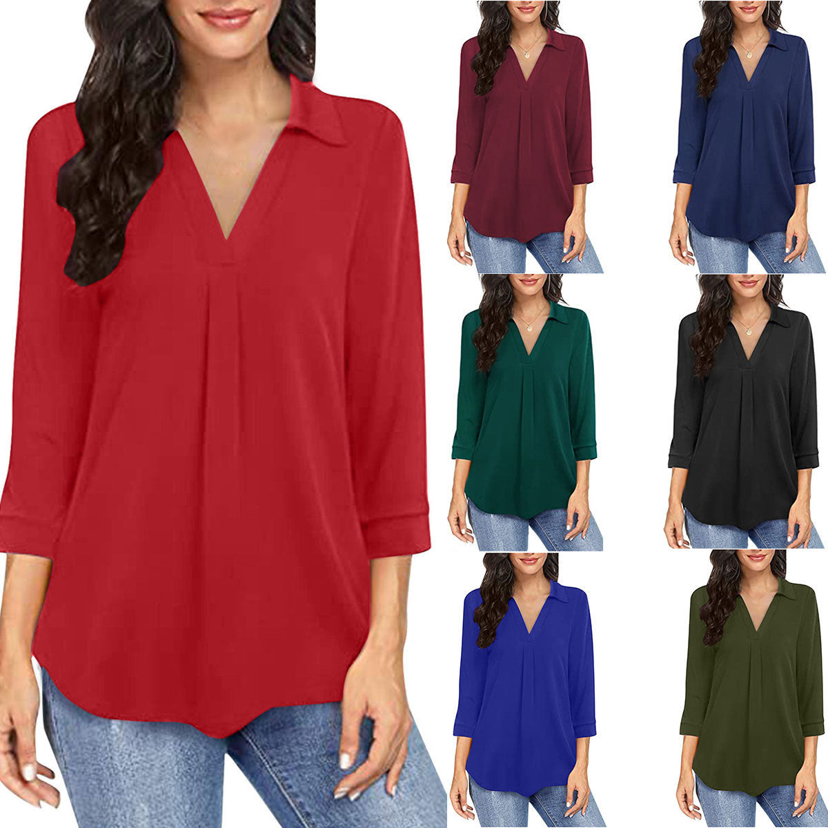 Ladies' Solid Color V-neck Seven Quarter Sleeved Shirt Top With Elegant Chiffon Stitching