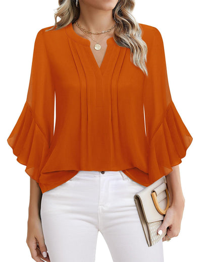 Women's Three-quarters Sleeve Tops Dressy Casual Business Work Blouses Chiffon Office Shirts