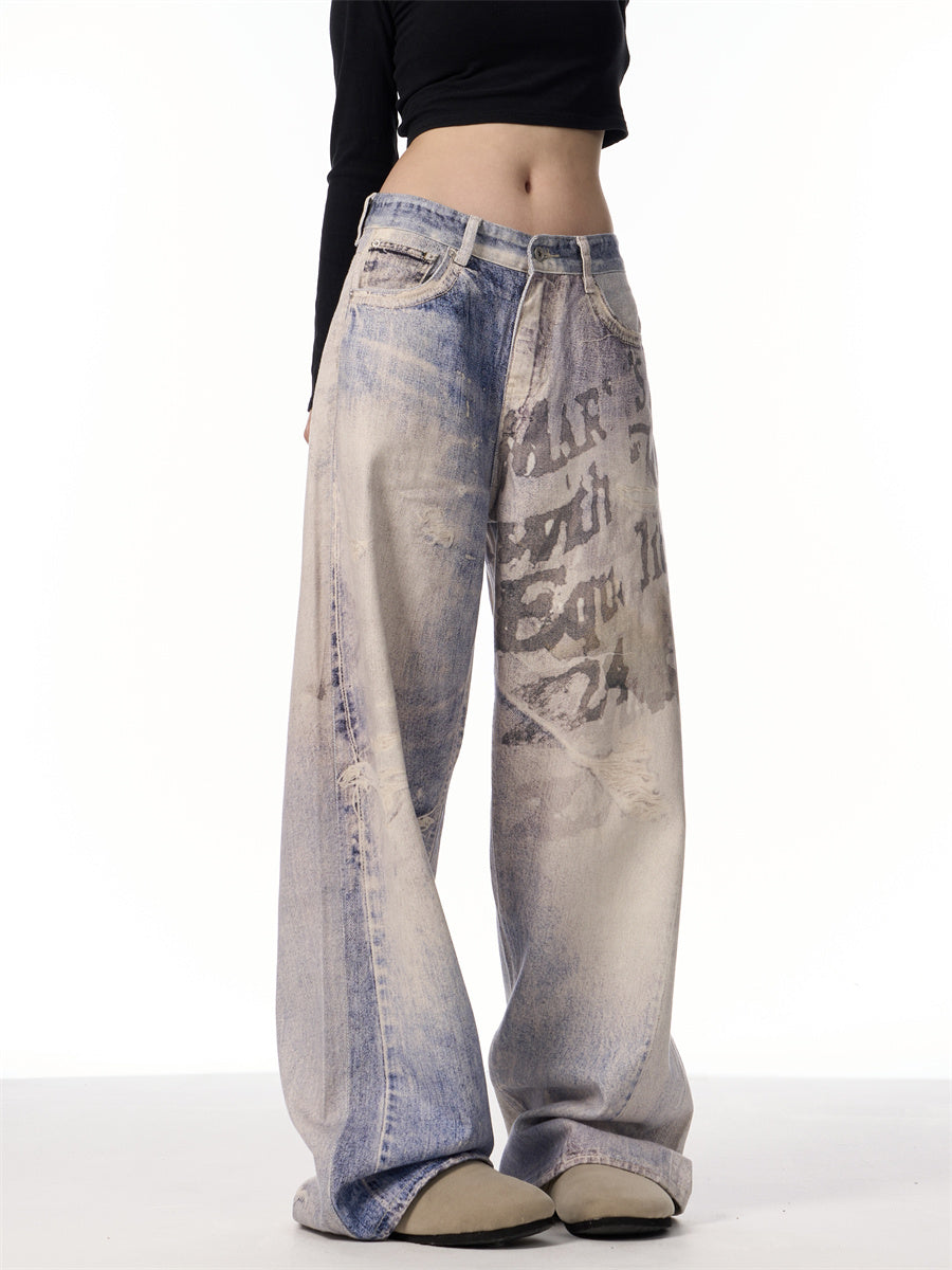 3D Printing Gradient Letter Printed Jeans Long Pants