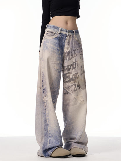 3D Printing Gradient Letter Printed Jeans Long Pants
