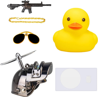 Rubber Yellow Duck Car Ornaments Cool Duck Car Dashboard Decorations with Propeller Helmet Sunglasses (Brilliant Black-Yellow G)