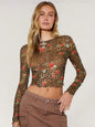 Leopard Print Flower Printed Mesh Round Neck Short Long-sleeved