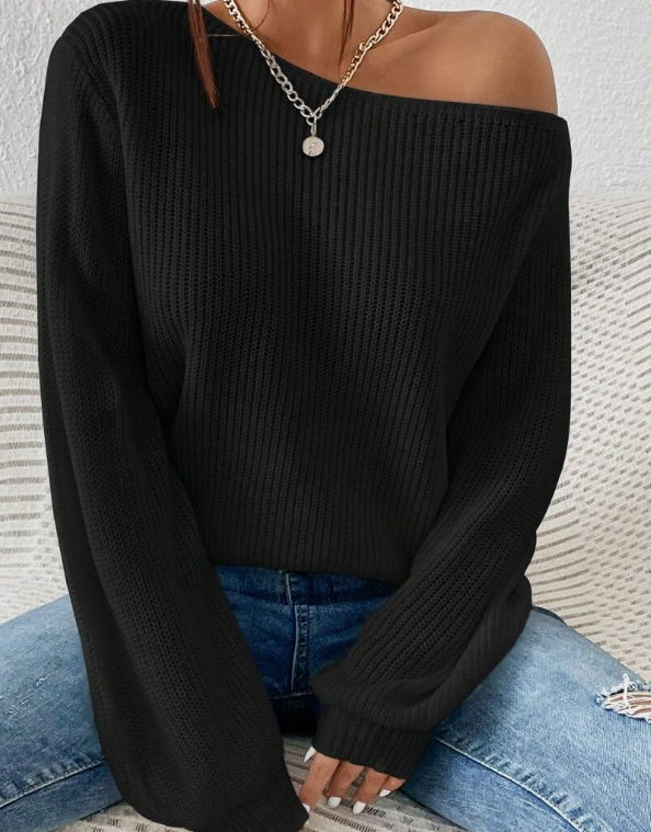 Solid Ribbed Knit Asymmetrical Shoulder Sweater,Long Sleeve Tops