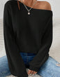 Solid Ribbed Knit Asymmetrical Shoulder Sweater,Long Sleeve Tops