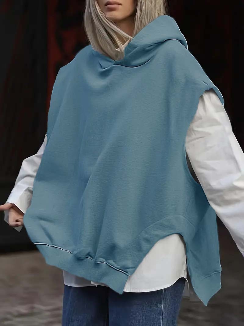 Women's Solid Color Style Loose Sleeveless Hooded Jacket Sweater