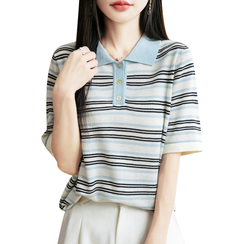 Worsted Wool Lapel Knitwear Short Sleeve