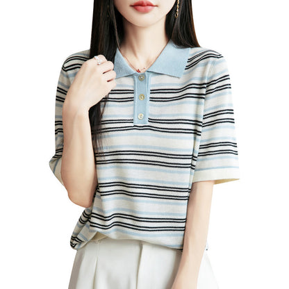 Worsted Wool Lapel Knitwear Short Sleeve