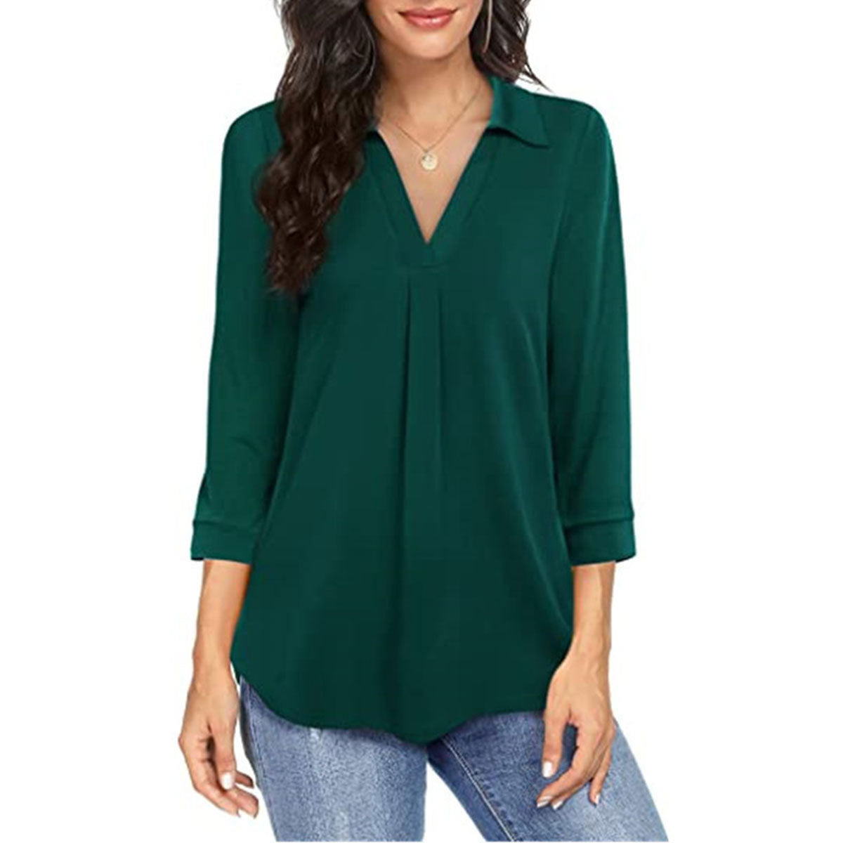 Ladies' Solid Color V-neck Seven Quarter Sleeved Shirt Top With Elegant Chiffon Stitching