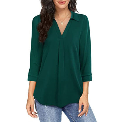 Ladies' Solid Color V-neck Seven Quarter Sleeved Shirt Top With Elegant Chiffon Stitching