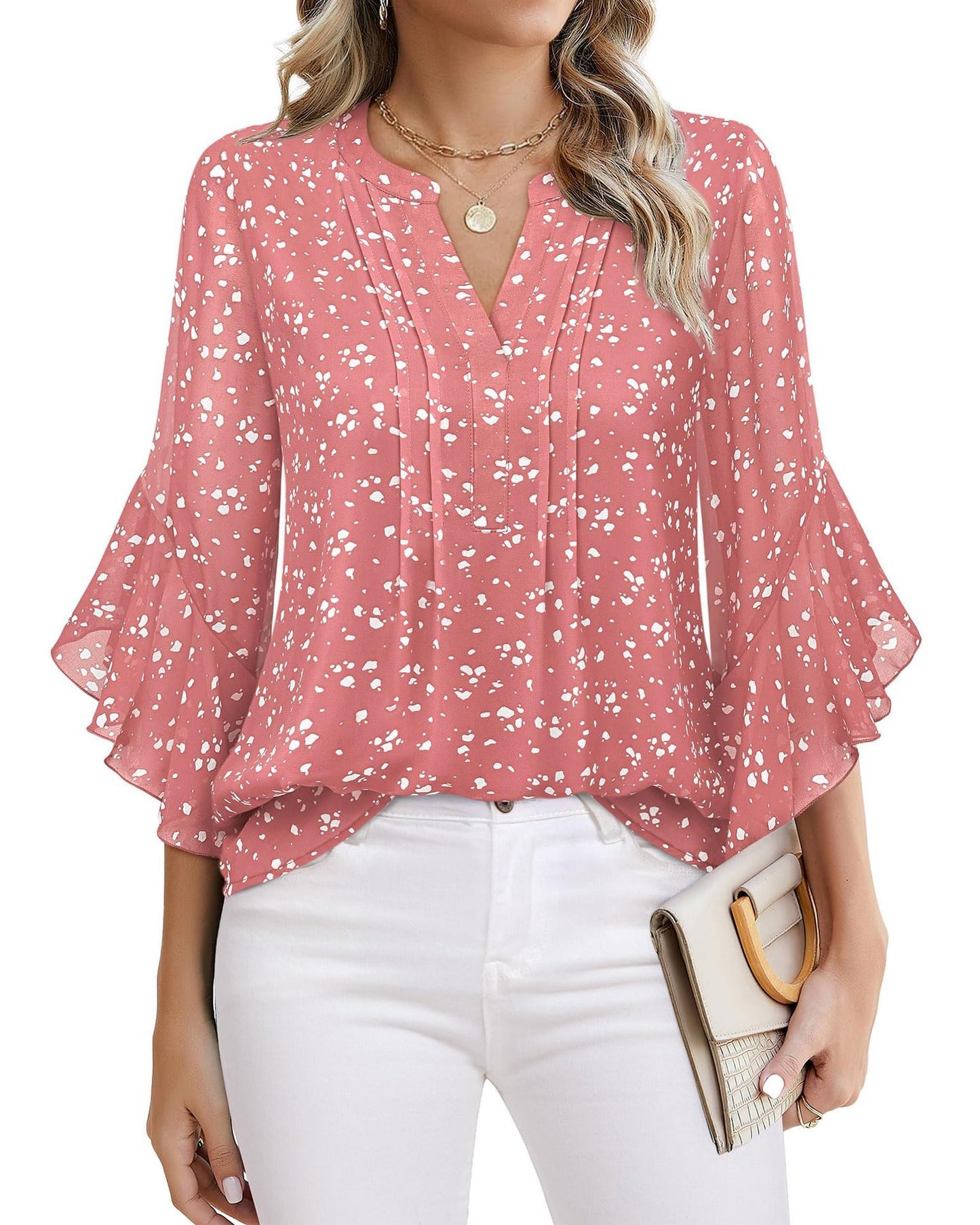 Women's Three-quarters Sleeve Tops Dressy Casual Business Work Blouses Chiffon Office Shirts